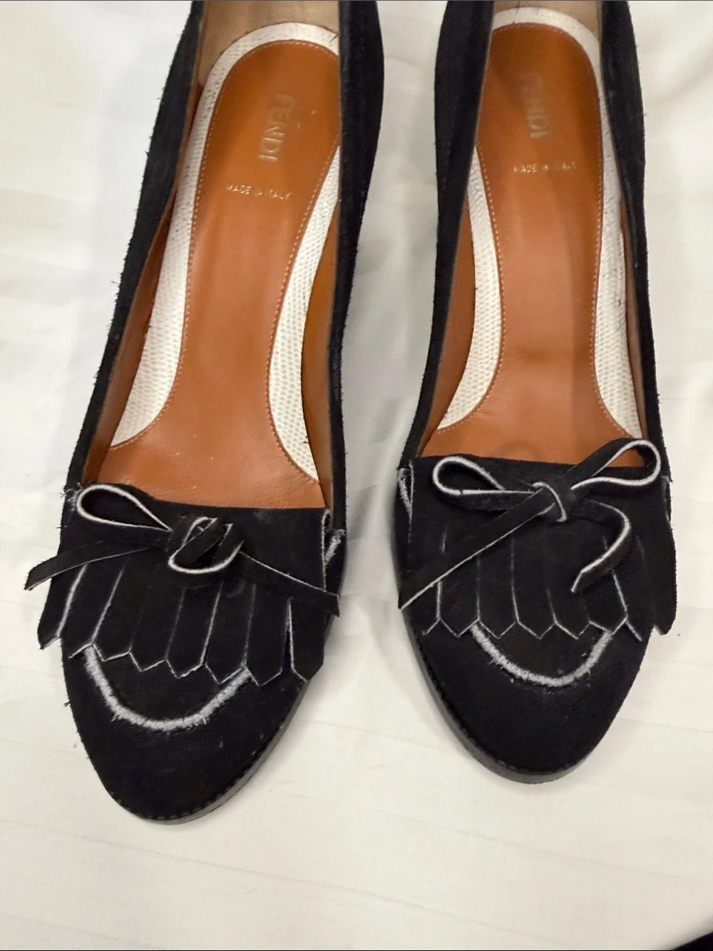 Fendi Black Suede with White Heel Kiltie Loafers with Bow Detail - Size 41